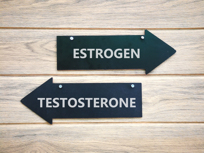 arrows pointing in opposite directions with the words estrogen and testosterone 