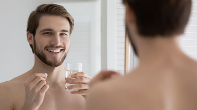 man holding pill and glass of water smiling into a mirror